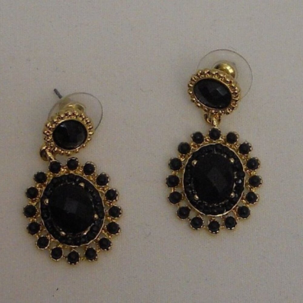 CHARLES KLEIN Drop Dangle Oval Earrings Gold Tones Black Gems Push Back